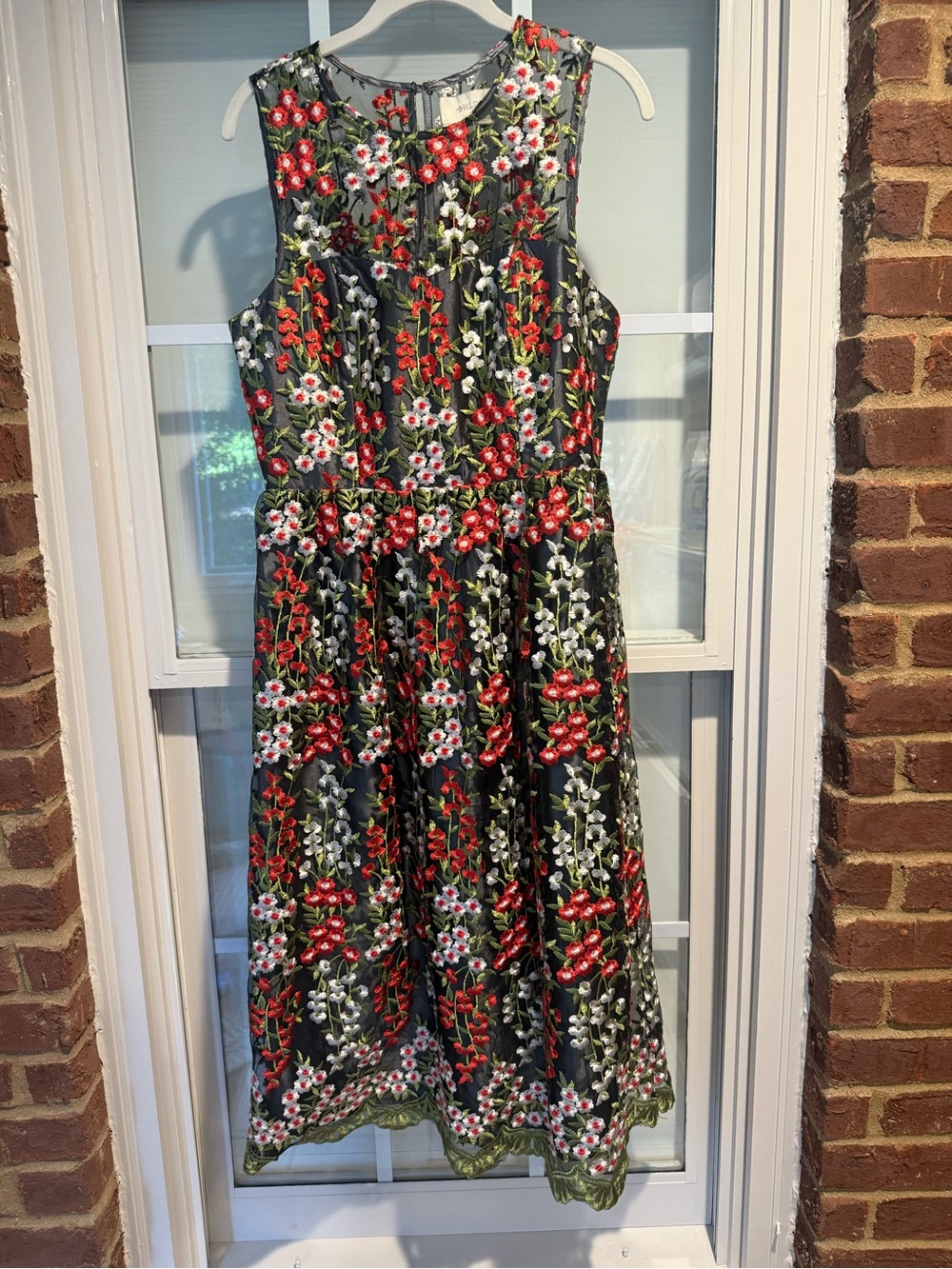 BHLDN Black Midi Dress with Red, White & Green Floral Embroidery and Green Trim - Picture 3 of 15